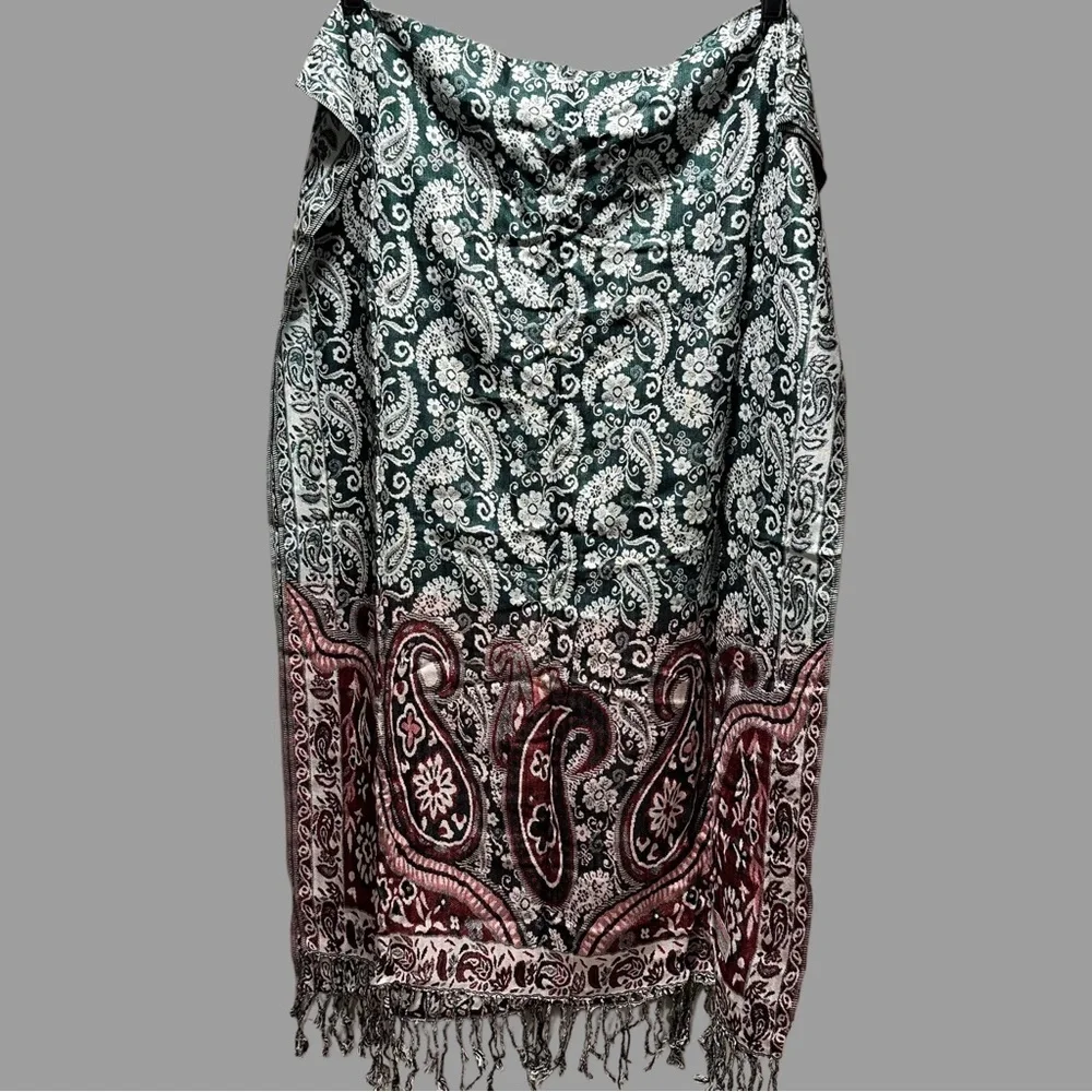 Elegant Shawl in Green & Red Paisley -Versatile Wrap, Scarf, or Veil, Soft Rayon